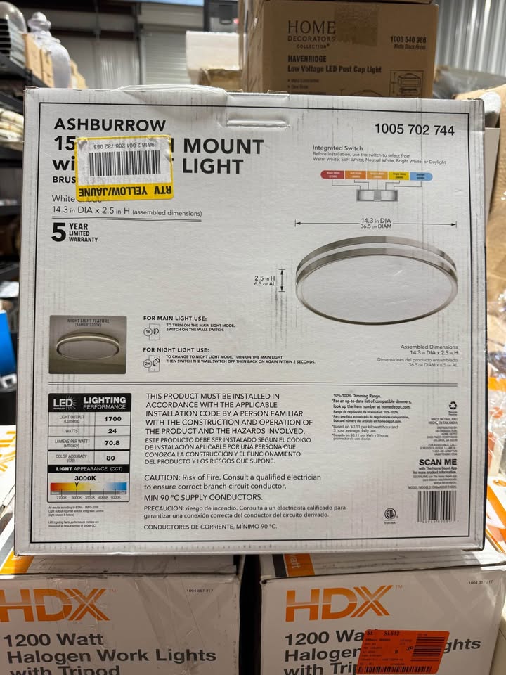 Hampton Bay Ashburrow 15 in. Light Brushed Nickel Adjustable CCT Integrated LED Ceiling Flush Mount Fixture with Night Light