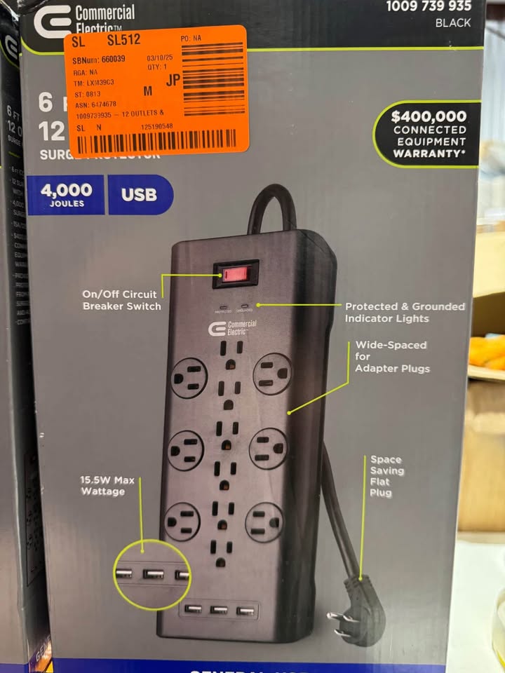 Commercial Electric 6 ft. 12-Outlet Black Surge Protector with USB