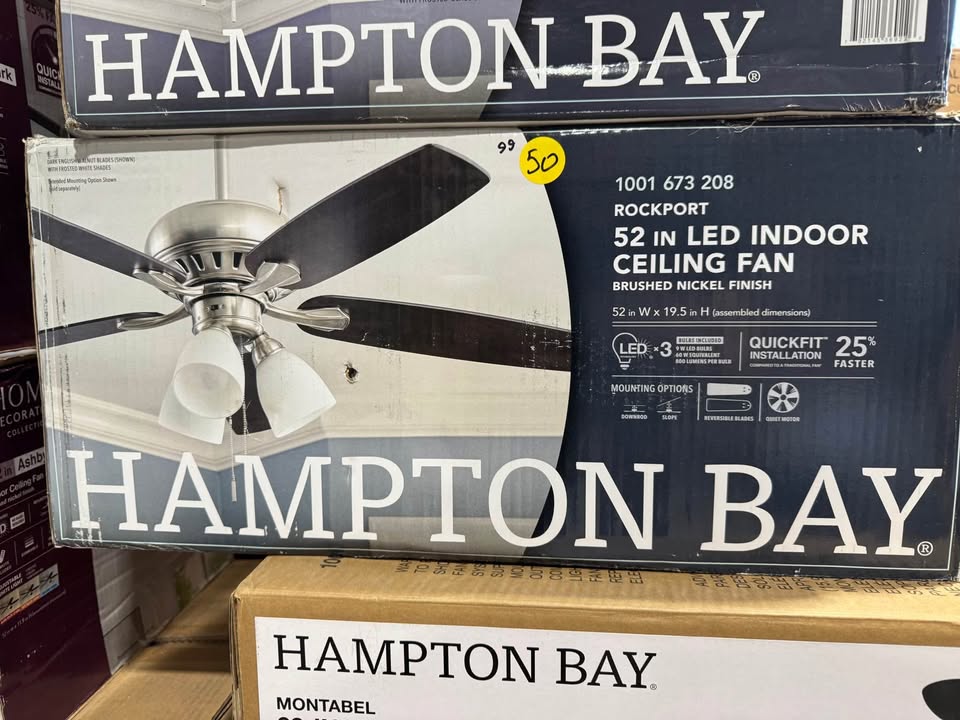 Hampton Bay Rockport 52 in. Indoor LED Brushed Nickel Ceiling Fan with Light Kit, Downrod, Reversible Blades and Reversible Motor