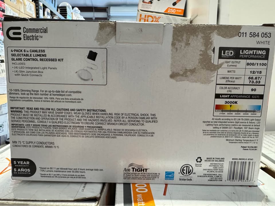 Commercial Electric Premium Series 6 in. LED, 2-Level Lumen Select, Baffle Canless Recessed Light, Adjustable CCT
