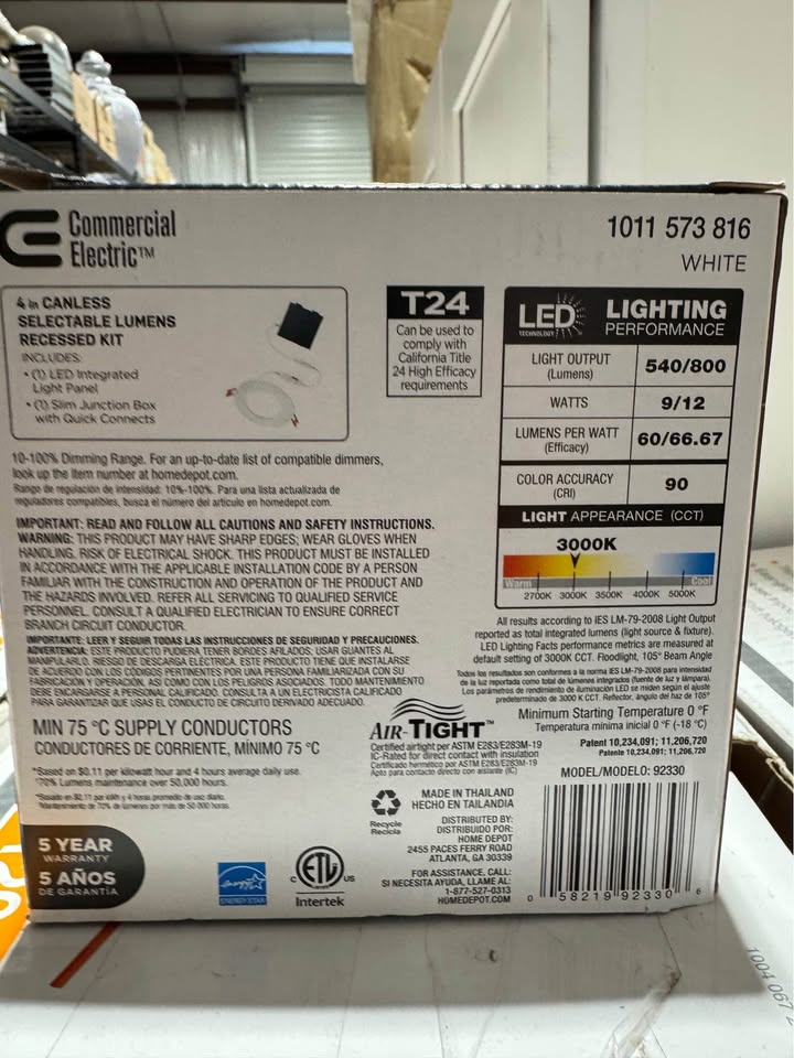 Commercial Electric Premium Series 4 in. LED, 2-Level Lumen Select, Ultraslim Canless Recessed Light, Adjustable CCT