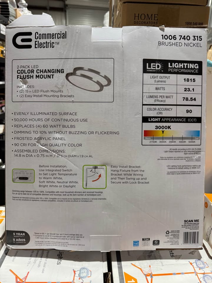 Commercial Electric 15 in. Brushed Nickel New Ultra-Low Profile Integrated LED Flush Mount 5CCT (2-Pack)