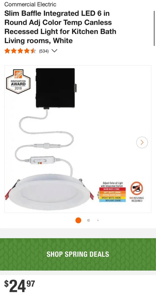 Commercial Electric Slim Baffle Integrated LED 6 in Round Adj Color Temp Canless Recessed Light for Kitchen Bath Living rooms, White