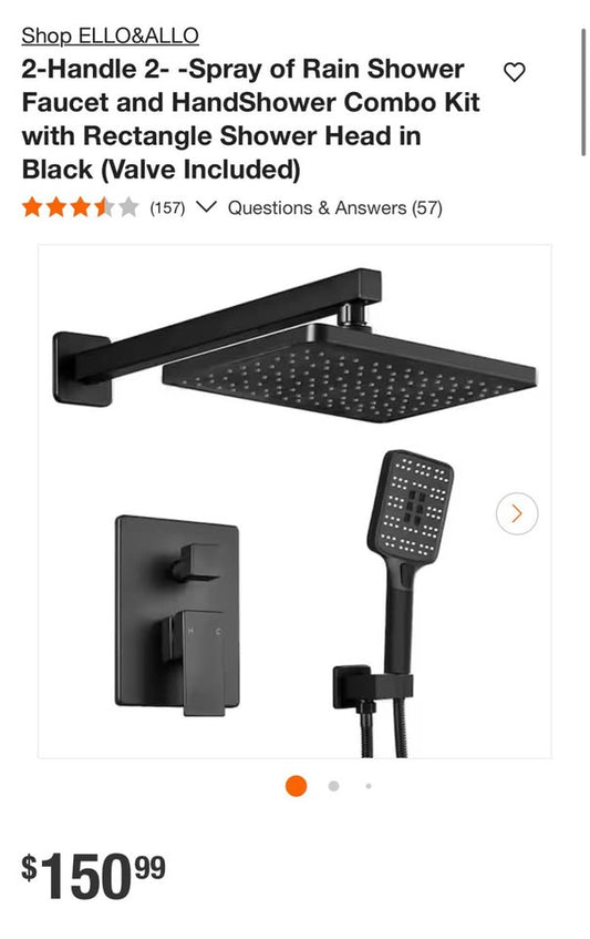 2-Handle 2- -Spray of Rain Shower Faucet and HandShower Combo Kit with Rectangle Shower Head in Black (Valve Included)
