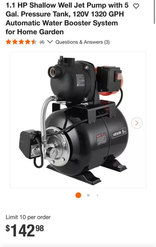 1.1 HP Shallow Well Jet Pump with 5 Gal. Pressure Tank, 120V 1320 GPH Automatic Water Booster System for Home Garden