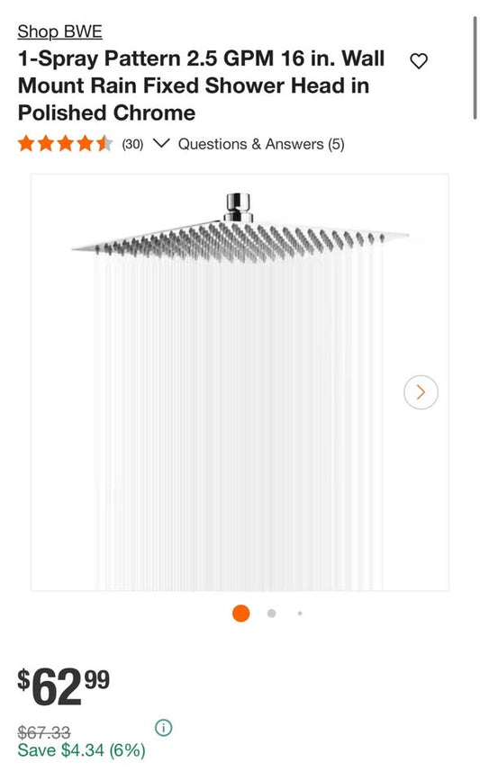 1 -Spray Pattern 2.5 GPM 16 in. Wall Mount Rain Fixed Shower Head in Polished Chrome