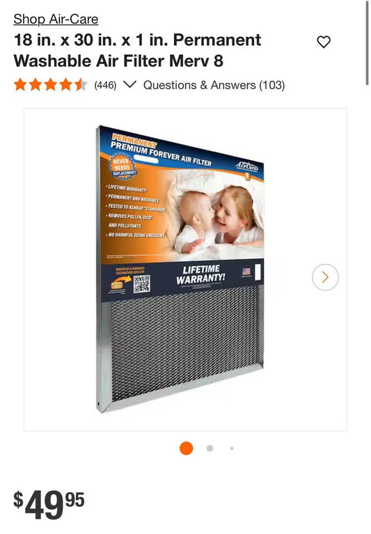 18 in. x 30 in. x 1 in. Permanent Washable Air Filter Merv 8