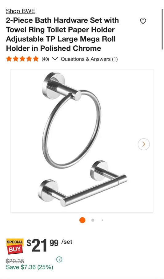 2-Piece Bath Hardware Set with Towel Ring Toilet Paper Holder Adjustable TP Large Mega Roll Holder in Polished Chrome