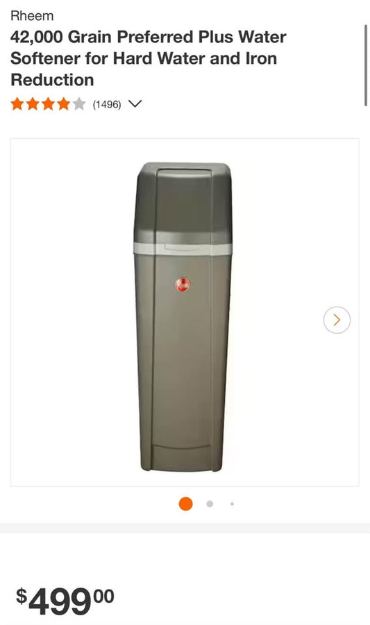 Rheem 42,000 Grain Preferred Plus Water Softener for Hard Water and Iron Reduction