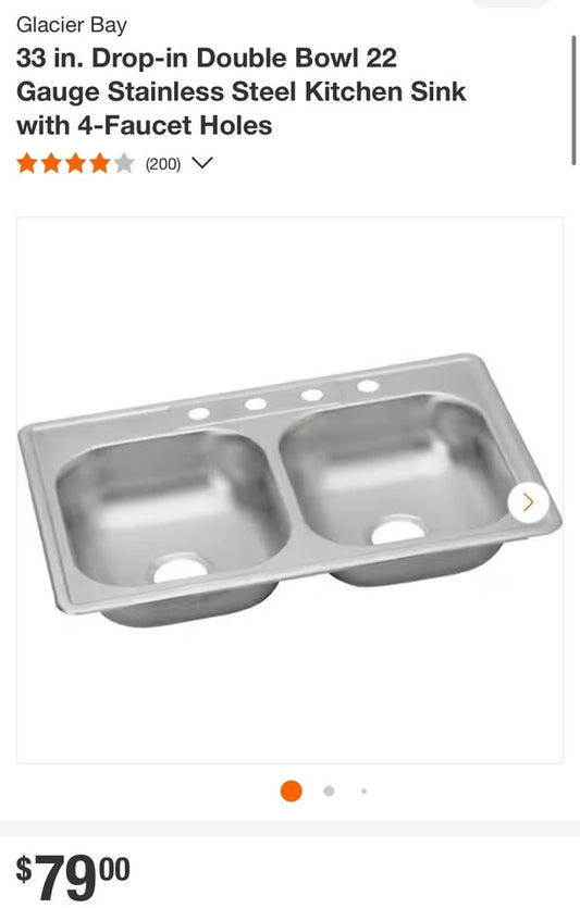 Glacier Bay 33 in. Drop-in Double Bowl 22 Gauge Stainless Steel Kitchen Sink with 4-Faucet Holes