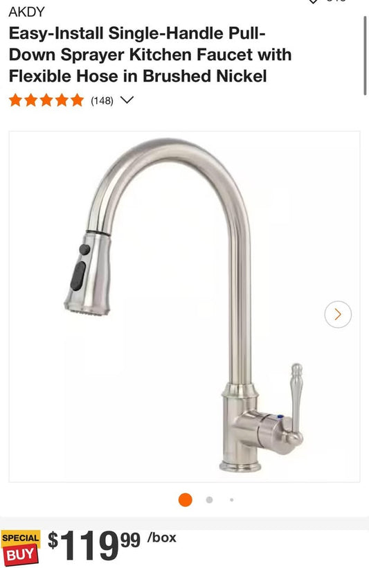 AKDY Easy-Install Single-Handle Pull-Down Sprayer Kitchen Faucet with Flexible Hose in Brushed Nickel