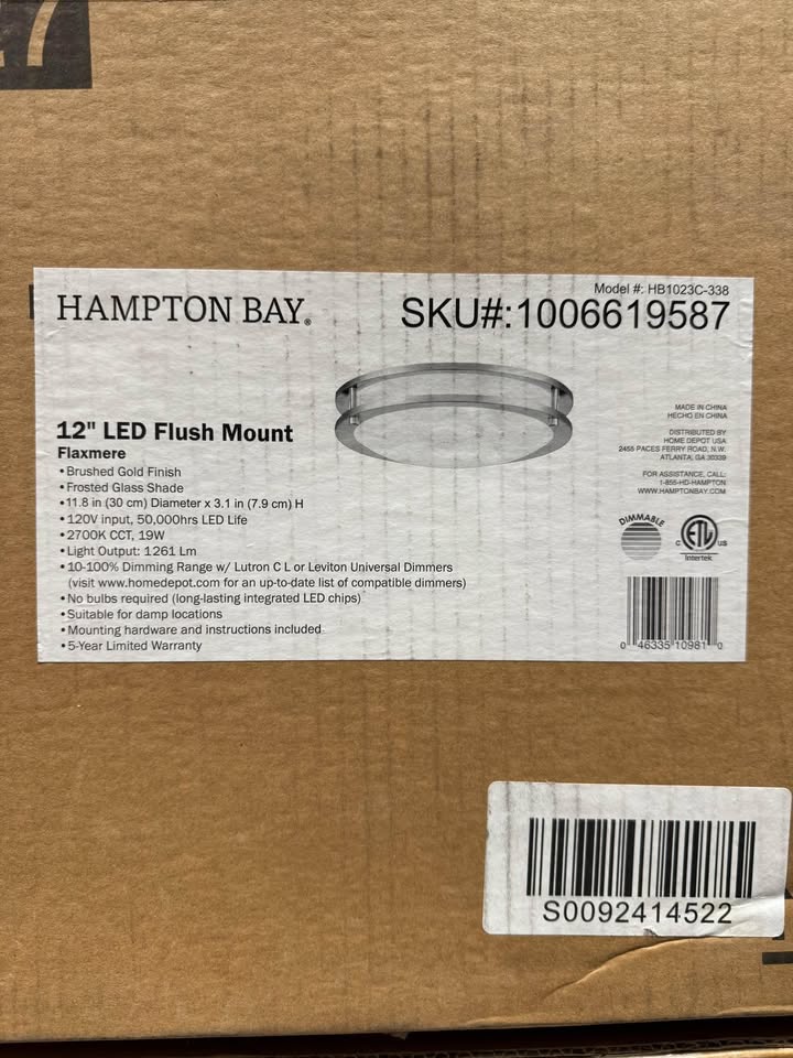 Hampton Bay Flaxmere 12 in. Brushed Gold Dimmable Integrated LED Flush Mount Ceiling Light with Frosted White Glass Shade