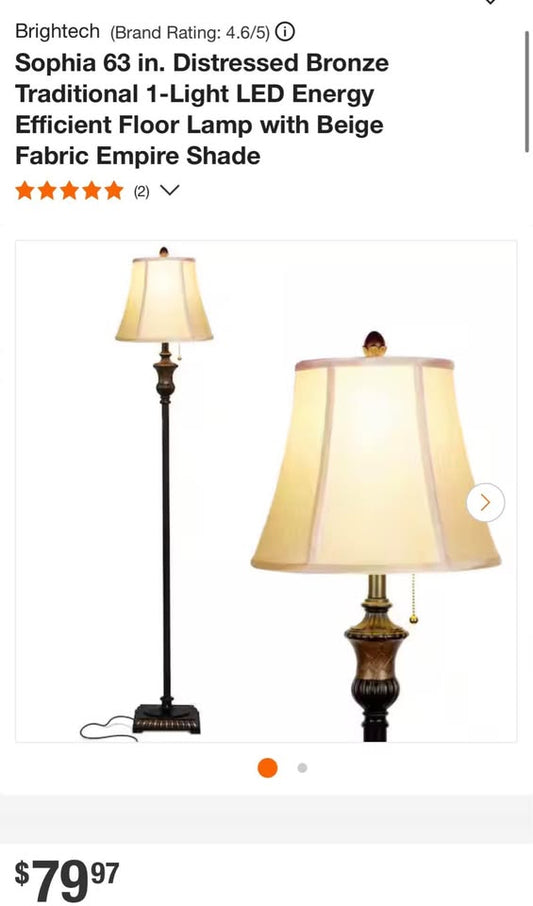 Britech Sophia 63 in. Distressed Bronze Traditional 1-Light LED Energy Efficient Floor Lamp with Beige Fabric Empire Shade