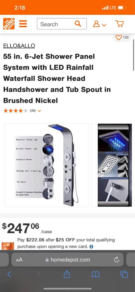 Ello & allo 55 in. 6-Jet Shower Panel System with LED Rainfall Waterfall Shower Head Handshower and Tub Spout in Brushed Nickel