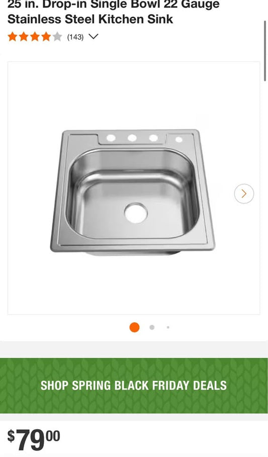 Glacier Bay 25 in. Drop-in Single Bowl 22 Gauge Stainless Steel Kitchen Sink