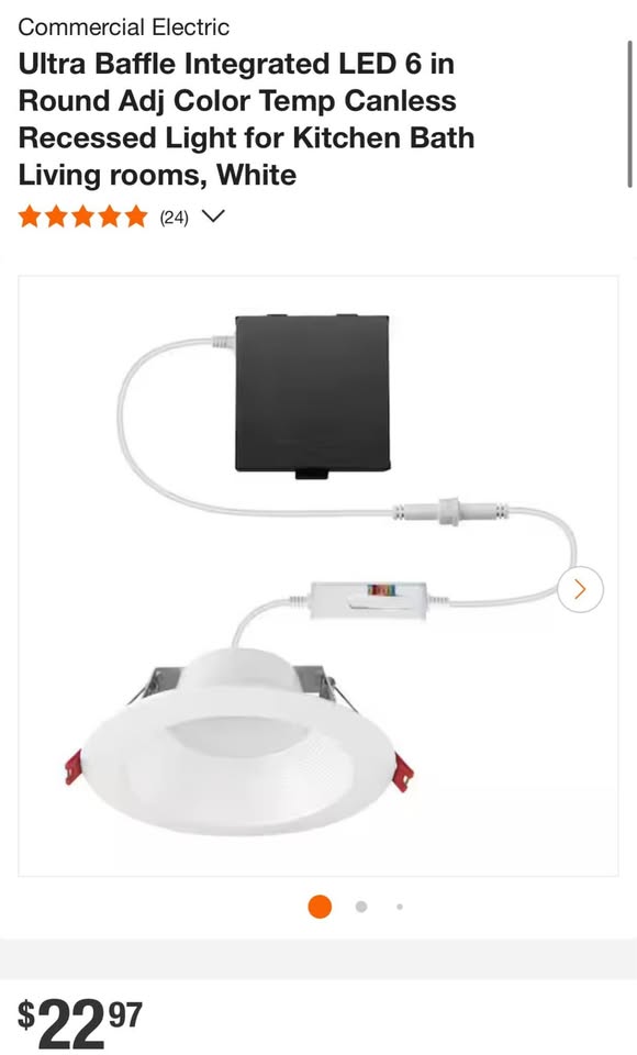 Commercial Electric Ultra Baffle Integrated LED 6 in Round Adj Color Temp Canless Recessed Light for Kitchen Bath Living rooms, White