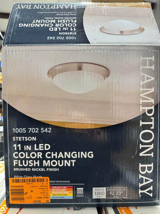 Stetson 11 in. Transitional Brushed Nickel 5 CCT Integrated LED Flush Mount with Frosted Clear Glass Shade for Kitchen