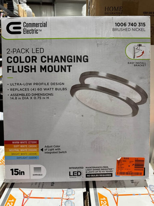 Commercial Electric 15 in. Brushed Nickel New Ultra-Low Profile Integrated LED Flush Mount 5CCT (2-Pack)