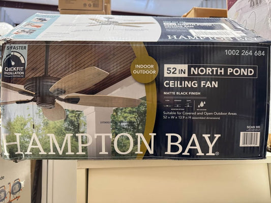 Hampton Bay North Pond 52 in. Indoor/Outdoor Matte Black Ceiling Fan with Downrod and Reversible Motor; Light Kit Adaptable