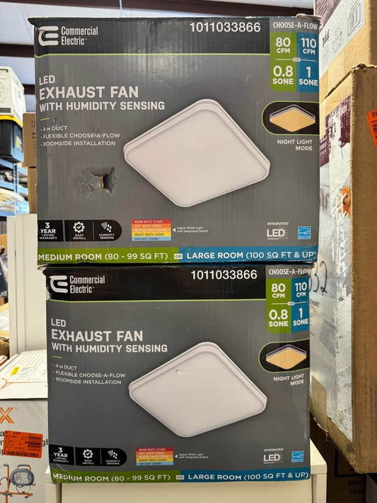 Commercial Electric 80 /110 CFM Ceiling Mount Room Side Installation Square Bathroom Exhaust Fan with Night Light and Humidity Sensor