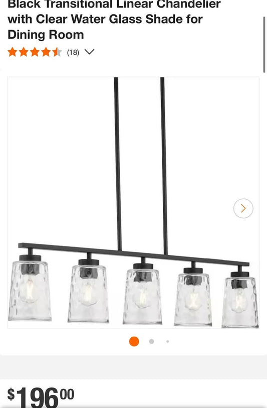 Progress Lighting Mauzy Collection 5-Light Matte Black Transitional Linear Chandelier with Clear Water Glass Shade for Dining Room
