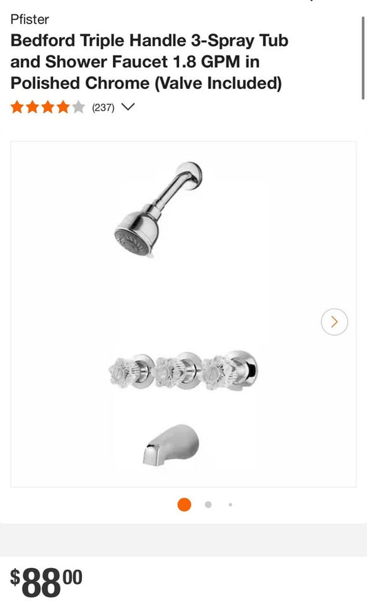 Pfister Bedford Triple Handle 3-Spray Tub and Shower Faucet 1.8 GPM in Polished Chrome (Valve Included)