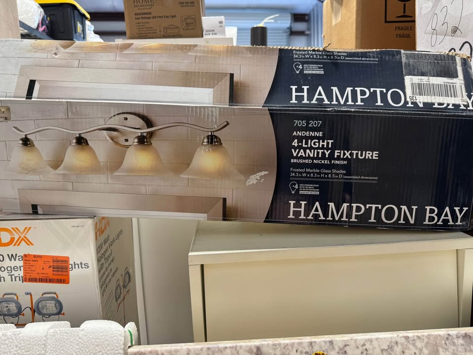 Hampton Bay Andenne 34.3 in. 4-Light Transitional Brushed Nickel Bathroom Vanity Light Fixture with Marbleized Glass Shades