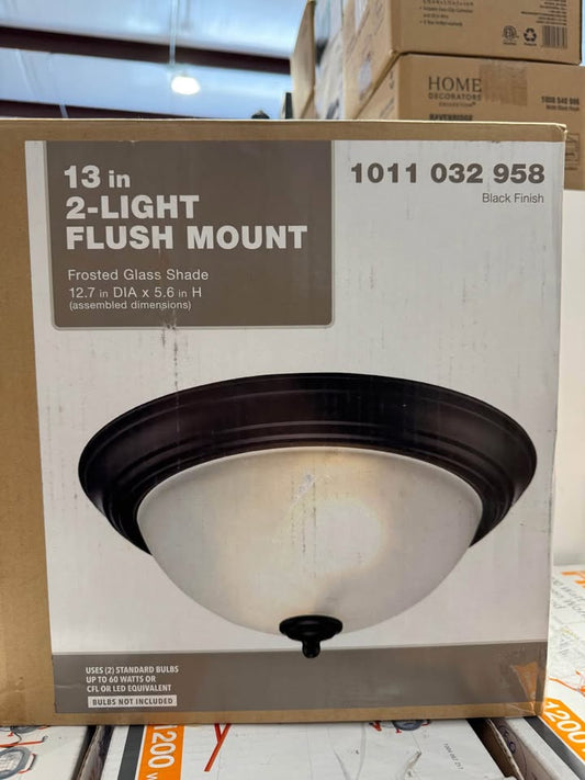 12.75 in. 2-Light Black Flush Mount Ceiling Light Fixture with Frosted Glass Shade
