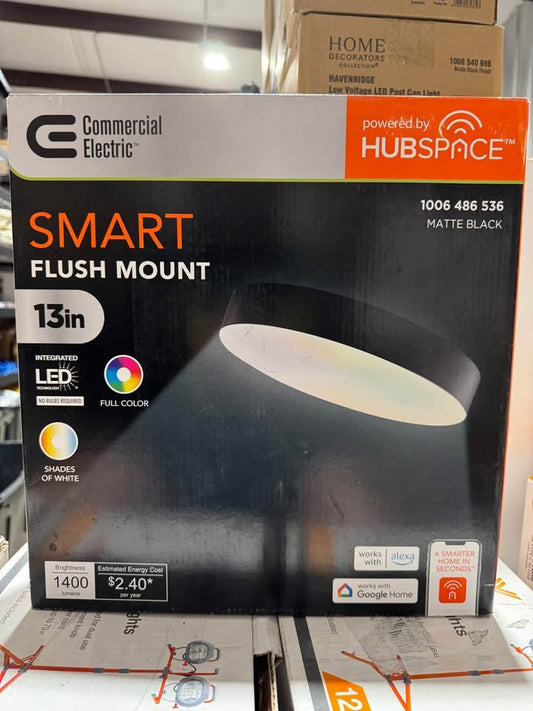 Commercial Electric 13 in. Light Matte Black Adjustable CCT and Color Changing Integrated LED Ceiling Smart Flush Mount, Powered by Hubspace