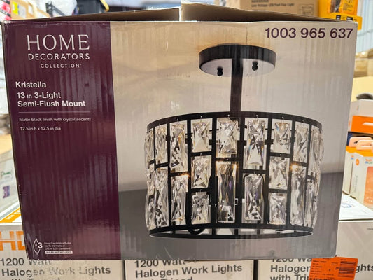 Home Decorators Kristella 12.5 in. 3-Light Matte Black Semi Flush Mount Light with Clear Crystal Shade