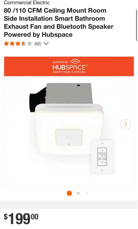 Commercial Electric 80 /110 CFM Ceiling Mount Room Side Installation Smart Bathroom Exhaust Fan and Bluetooth Speaker Powered by Hubspace