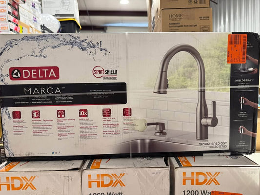 Delta Marca Single-Handle Pull-Down Sprayer Kitchen Faucet with ShieldSpray Technology and Soap in SpotShield Stainless