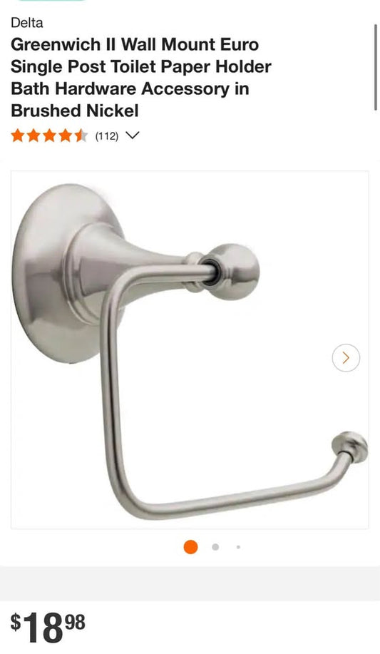 Delta Greenwich II Wall Mount Euro Single Post Toilet Paper Holder Bath Hardware Accessory in Brushed Nickel