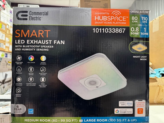 Commercial Electric 80 /110 CFM Ceiling Mount Room Side Installation Smart Bathroom Exhaust Fan and Bluetooth Speaker Powered by Hubspace