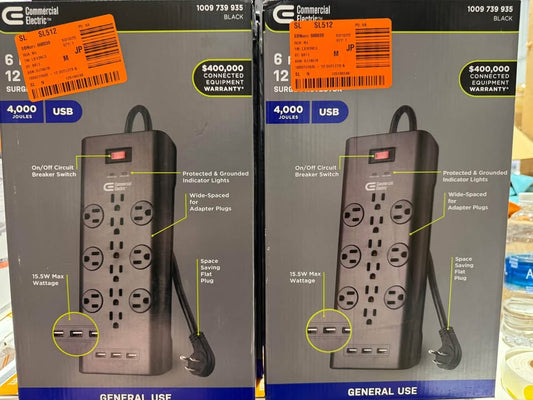 Commercial Electric 6 ft. 12-Outlet Black Surge Protector with USB