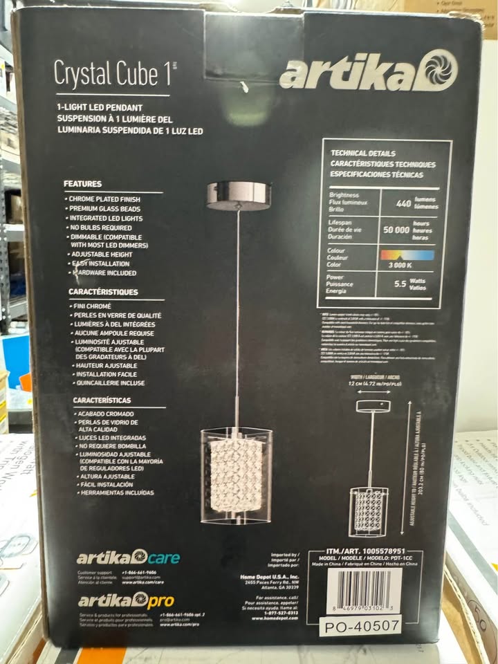 Artika Crystal Cube 5.5-Watt 1 Light Chrome Modern Integrated LED Mini Pendant Light Fixture for Kitchen Island