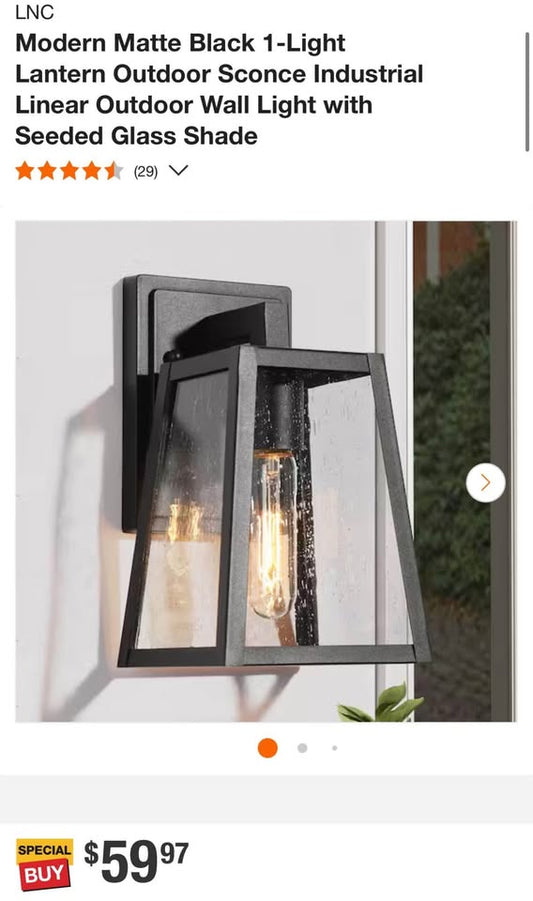 LNC Modern Matte Black 1-Light Lantern Outdoor Sconce Industrial Linear Outdoor Wall Light with Seeded Glass Shade