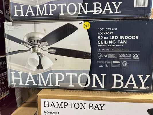 Hampton Bay Rockport 52 in. Indoor LED Brushed Nickel Ceiling Fan with Light Kit, Downrod, Reversible Blades and Reversible Motor