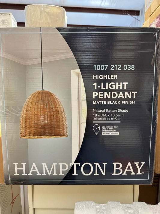 Hampton Bay Highler 1-Light Matte Black Island Pendant Light with Natural Rattan Shade