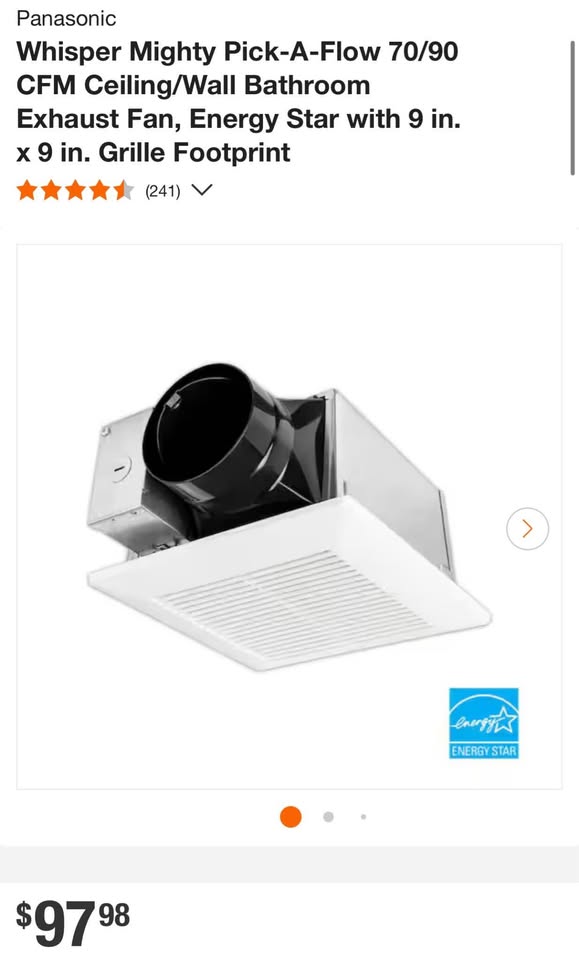 Panasonic Whisper Mighty Pick-A-Flow 70/90 CFM Ceiling/Wall Bathroom Exhaust Fan, Energy Star with 9 in. x 9 in. Grille Footprint
