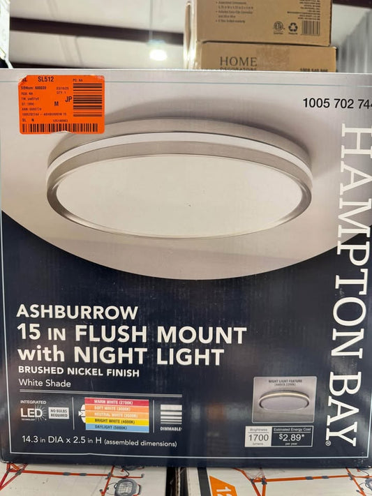 Hampton Bay Ashburrow 15 in. Light Brushed Nickel Adjustable CCT Integrated LED Ceiling Flush Mount Fixture with Night Light