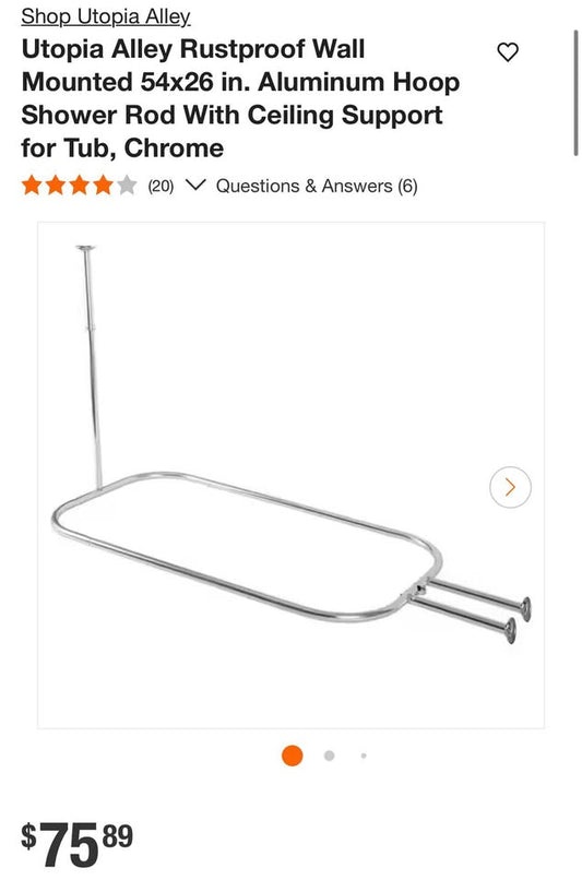 Utopia Alley Rustproof Wall Mounted 54x26 in. Aluminum Hoop Shower Rod With Ceiling Support for Tub, Chrome